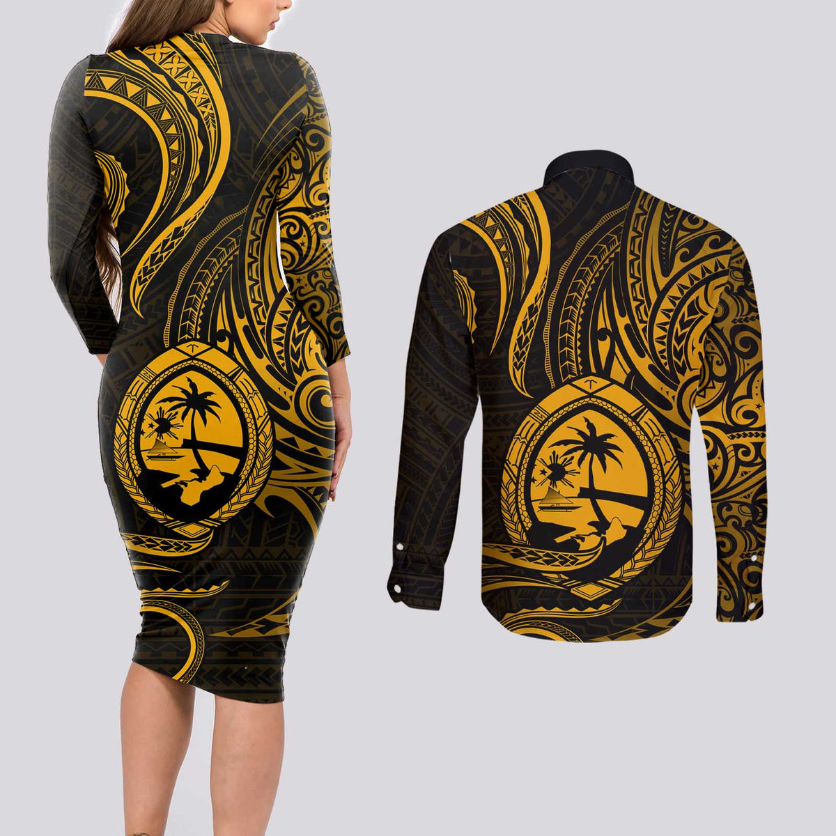 Polynesian Guam Coat of Arms Couples Matching Long Sleeve Bodycon Dress and Long Sleeve Button Shirt Polynesian Tribal Tattoo Gold Version LT9 - Polynesian Pride