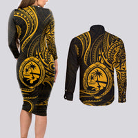 Polynesian Guam Coat of Arms Couples Matching Long Sleeve Bodycon Dress and Long Sleeve Button Shirt Polynesian Tribal Tattoo Gold Version LT9 - Polynesian Pride