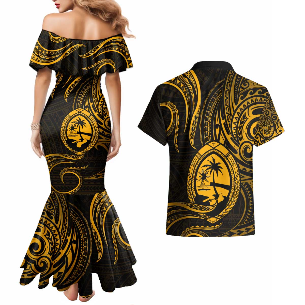 Polynesian Guam Coat of Arms Couples Matching Mermaid Dress and Hawaiian Shirt Polynesian Tribal Tattoo Gold Version LT9 - Polynesian Pride