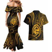 Polynesian Guam Coat of Arms Couples Matching Mermaid Dress and Hawaiian Shirt Polynesian Tribal Tattoo Gold Version LT9 - Polynesian Pride