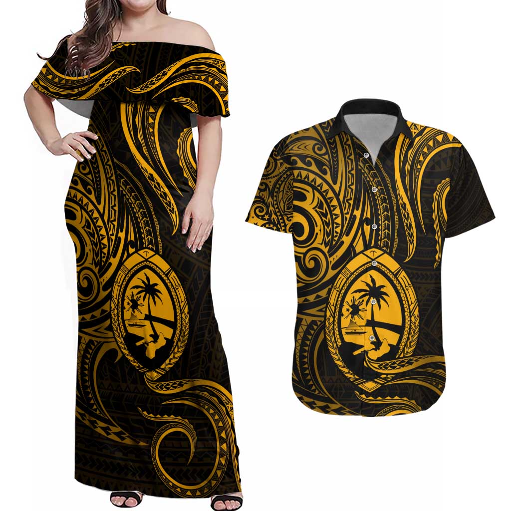 Polynesian Guam Coat of Arms Couples Matching Off Shoulder Maxi Dress and Hawaiian Shirt Polynesian Tribal Tattoo Gold Version LT9 Gold - Polynesian Pride