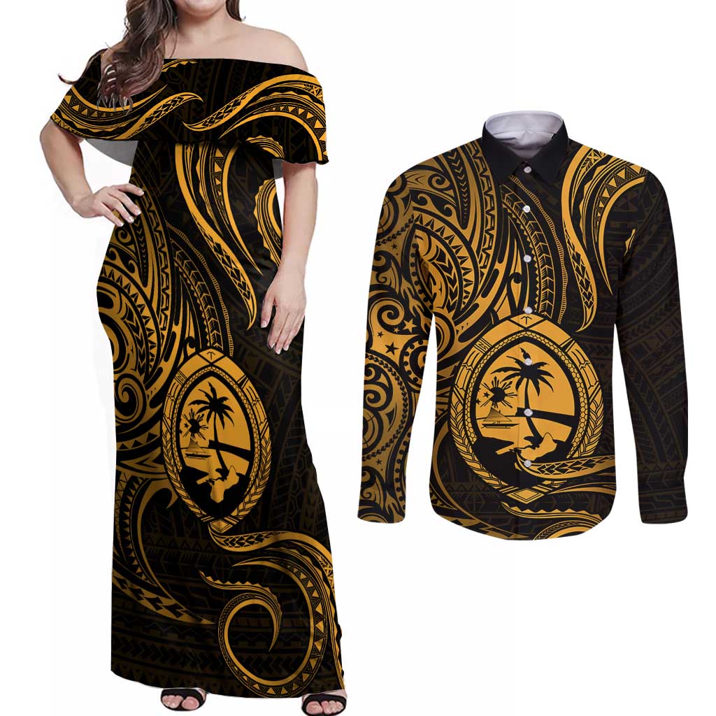Polynesian Guam Coat of Arms Couples Matching Off Shoulder Maxi Dress and Long Sleeve Button Shirt Polynesian Tribal Tattoo Gold Version LT9 Gold - Polynesian Pride
