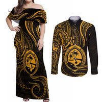 Polynesian Guam Coat of Arms Couples Matching Off Shoulder Maxi Dress and Long Sleeve Button Shirt Polynesian Tribal Tattoo Gold Version LT9 Gold - Polynesian Pride