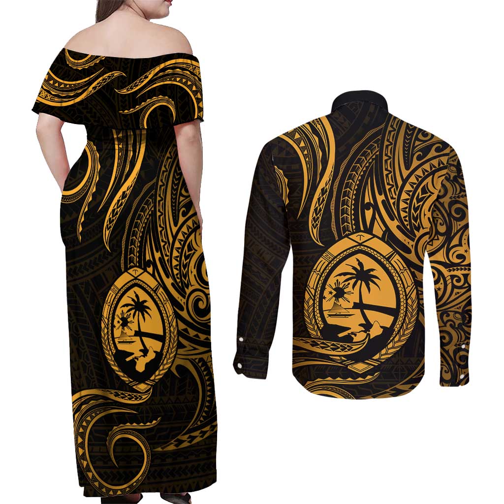 Polynesian Guam Coat of Arms Couples Matching Off Shoulder Maxi Dress and Long Sleeve Button Shirt Polynesian Tribal Tattoo Gold Version LT9 - Polynesian Pride