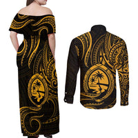 Polynesian Guam Coat of Arms Couples Matching Off Shoulder Maxi Dress and Long Sleeve Button Shirt Polynesian Tribal Tattoo Gold Version LT9 - Polynesian Pride