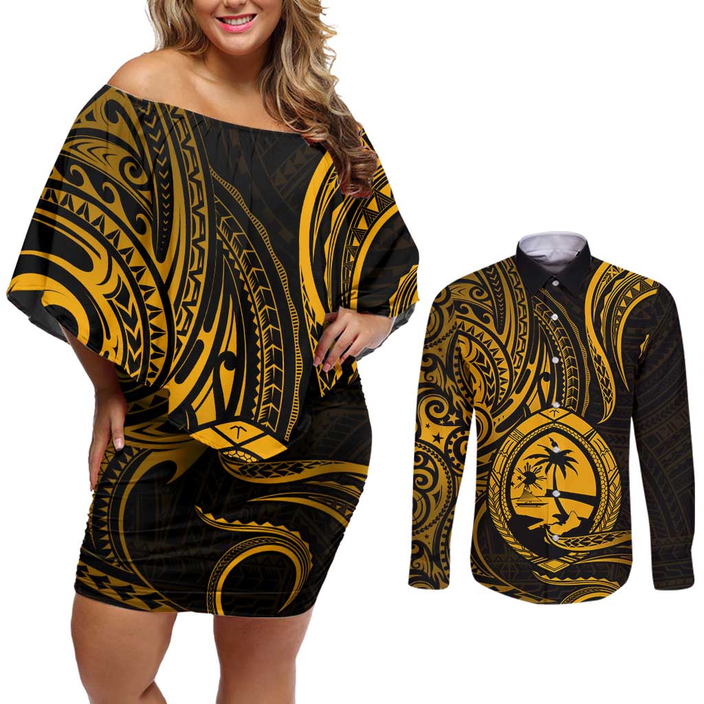 Polynesian Guam Coat of Arms Couples Matching Off Shoulder Short Dress and Long Sleeve Button Shirt Polynesian Tribal Tattoo Gold Version LT9 Gold - Polynesian Pride