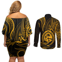 Polynesian Guam Coat of Arms Couples Matching Off Shoulder Short Dress and Long Sleeve Button Shirt Polynesian Tribal Tattoo Gold Version LT9 - Polynesian Pride