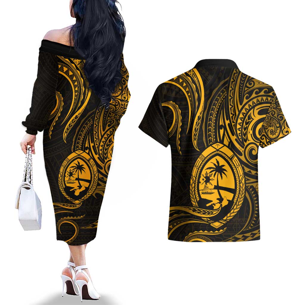Polynesian Guam Coat of Arms Couples Matching Off The Shoulder Long Sleeve Dress and Hawaiian Shirt Polynesian Tribal Tattoo Gold Version LT9 - Polynesian Pride