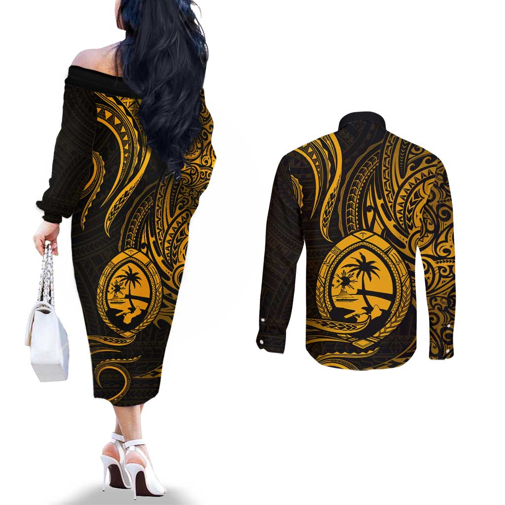 Polynesian Guam Coat of Arms Couples Matching Off The Shoulder Long Sleeve Dress and Long Sleeve Button Shirt Polynesian Tribal Tattoo Gold Version LT9 - Polynesian Pride