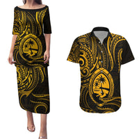 Polynesian Guam Coat of Arms Couples Matching Puletasi and Hawaiian Shirt Polynesian Tribal Tattoo Gold Version LT9 Gold - Polynesian Pride