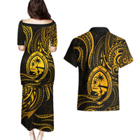 Polynesian Guam Coat of Arms Couples Matching Puletasi and Hawaiian Shirt Polynesian Tribal Tattoo Gold Version LT9 - Polynesian Pride