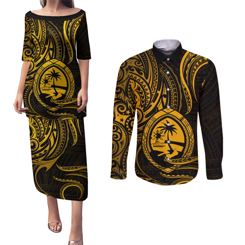 Polynesian Guam Coat of Arms Couples Matching Puletasi and Long Sleeve Button Shirt Polynesian Tribal Tattoo Gold Version LT9 Gold - Polynesian Pride