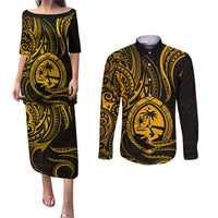 Polynesian Guam Coat of Arms Couples Matching Puletasi and Long Sleeve Button Shirt Polynesian Tribal Tattoo Gold Version LT9 Gold - Polynesian Pride