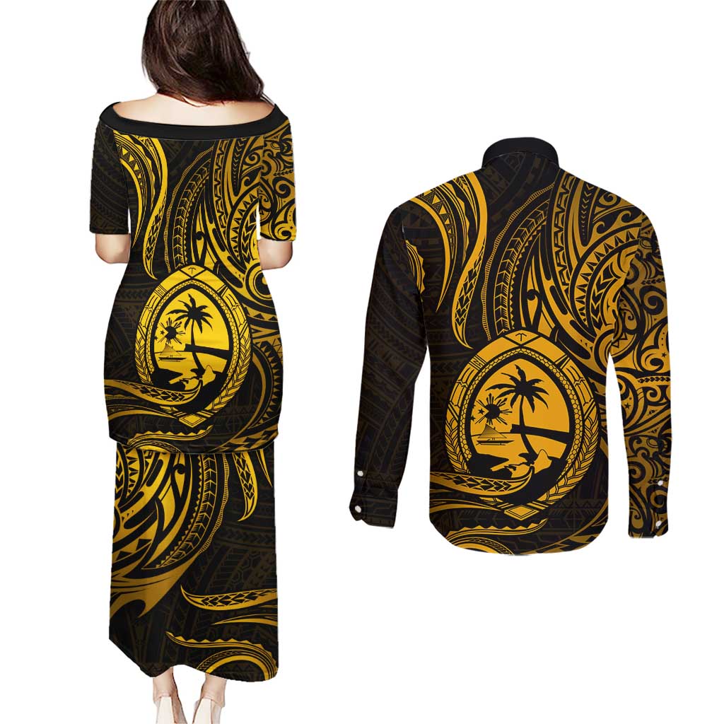 Polynesian Guam Coat of Arms Couples Matching Puletasi and Long Sleeve Button Shirt Polynesian Tribal Tattoo Gold Version LT9 - Polynesian Pride