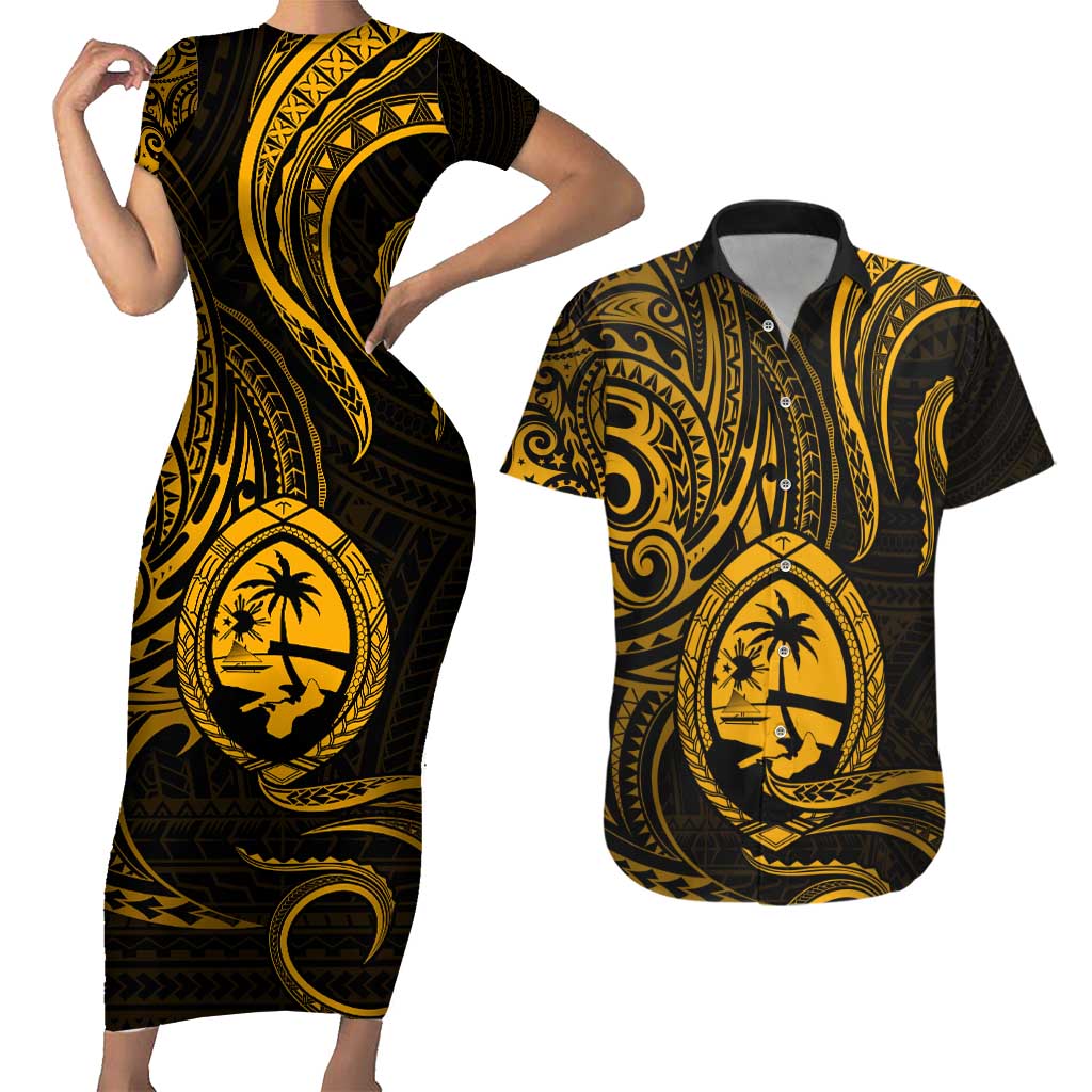 Polynesian Guam Coat of Arms Couples Matching Short Sleeve Bodycon Dress and Hawaiian Shirt Polynesian Tribal Tattoo Gold Version LT9 Gold - Polynesian Pride