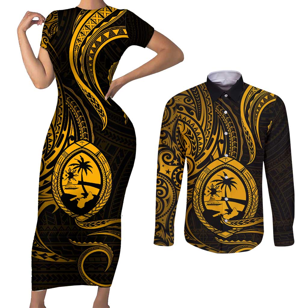 Polynesian Guam Coat of Arms Couples Matching Short Sleeve Bodycon Dress and Long Sleeve Button Shirt Polynesian Tribal Tattoo Gold Version LT9 Gold - Polynesian Pride