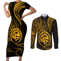 Polynesian Guam Coat of Arms Couples Matching Short Sleeve Bodycon Dress and Long Sleeve Button Shirt Polynesian Tribal Tattoo Gold Version LT9 Gold - Polynesian Pride