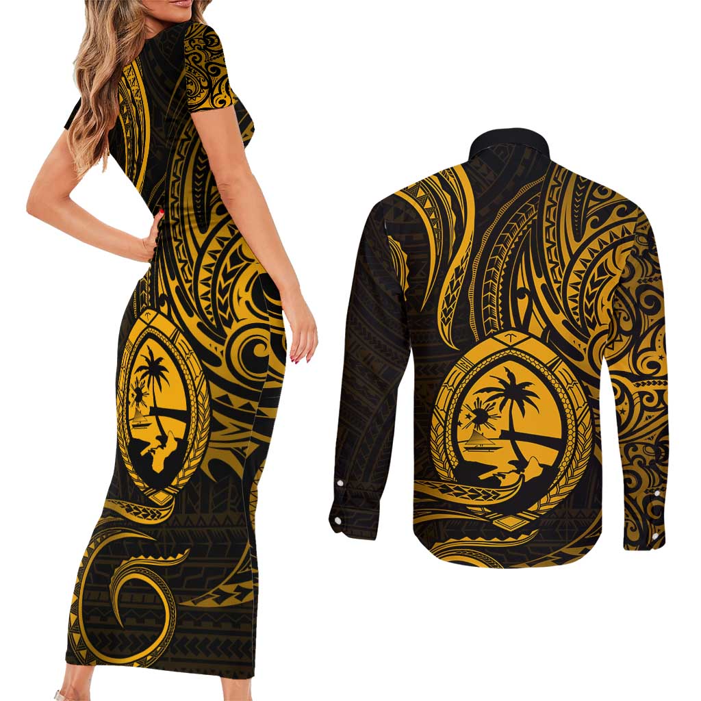 Polynesian Guam Coat of Arms Couples Matching Short Sleeve Bodycon Dress and Long Sleeve Button Shirt Polynesian Tribal Tattoo Gold Version LT9 - Polynesian Pride