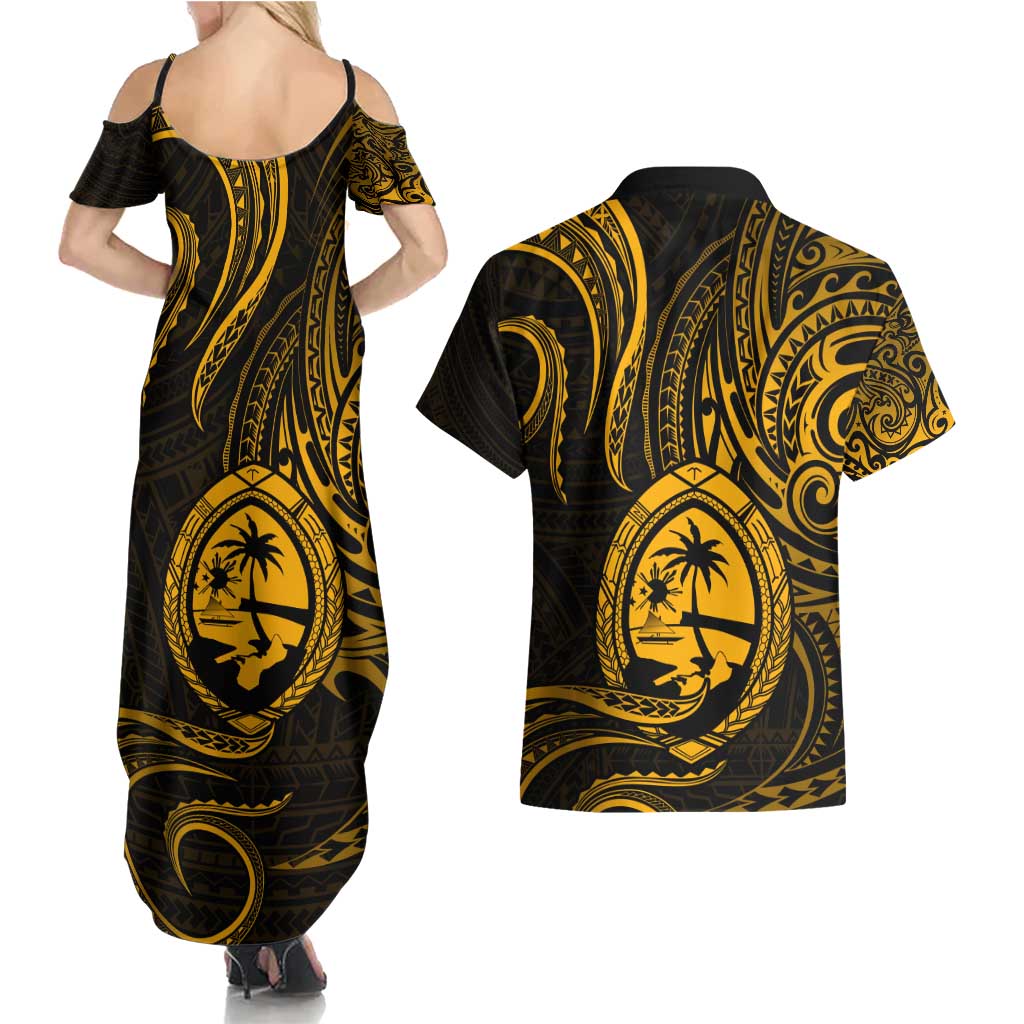 Polynesian Guam Coat of Arms Couples Matching Summer Maxi Dress and Hawaiian Shirt Polynesian Tribal Tattoo Gold Version LT9 - Polynesian Pride