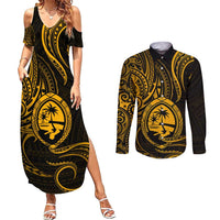 Polynesian Guam Coat of Arms Couples Matching Summer Maxi Dress and Long Sleeve Button Shirt Polynesian Tribal Tattoo Gold Version LT9 Gold - Polynesian Pride