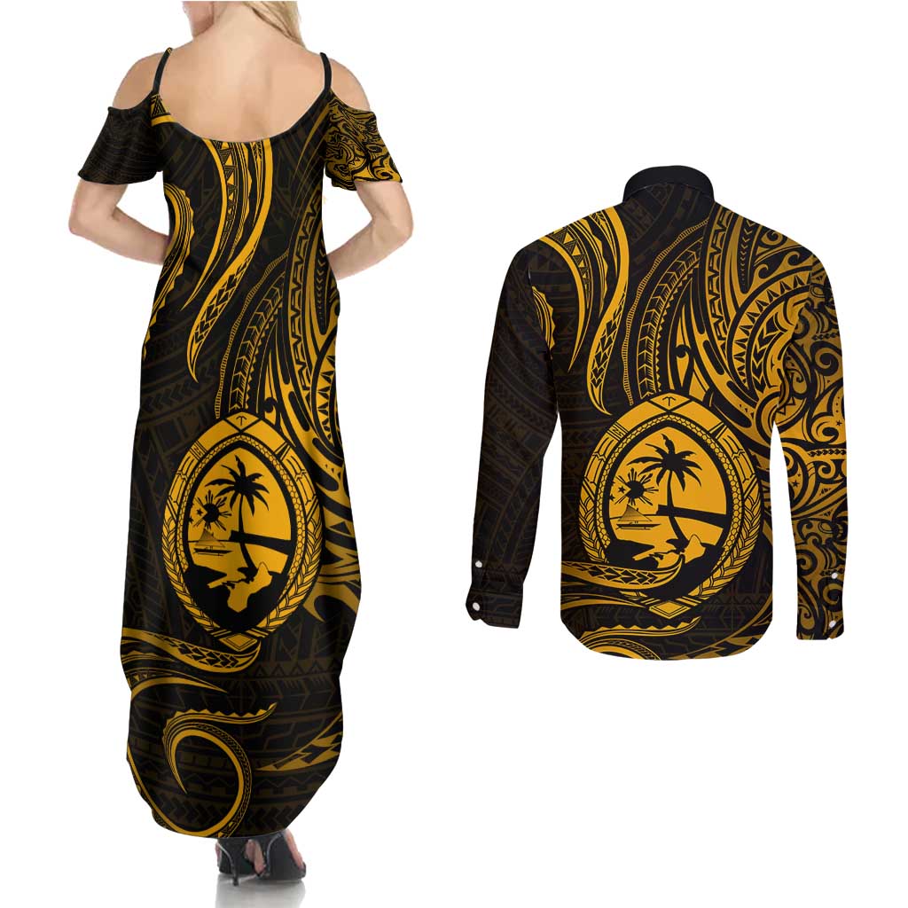 Polynesian Guam Coat of Arms Couples Matching Summer Maxi Dress and Long Sleeve Button Shirt Polynesian Tribal Tattoo Gold Version LT9 - Polynesian Pride