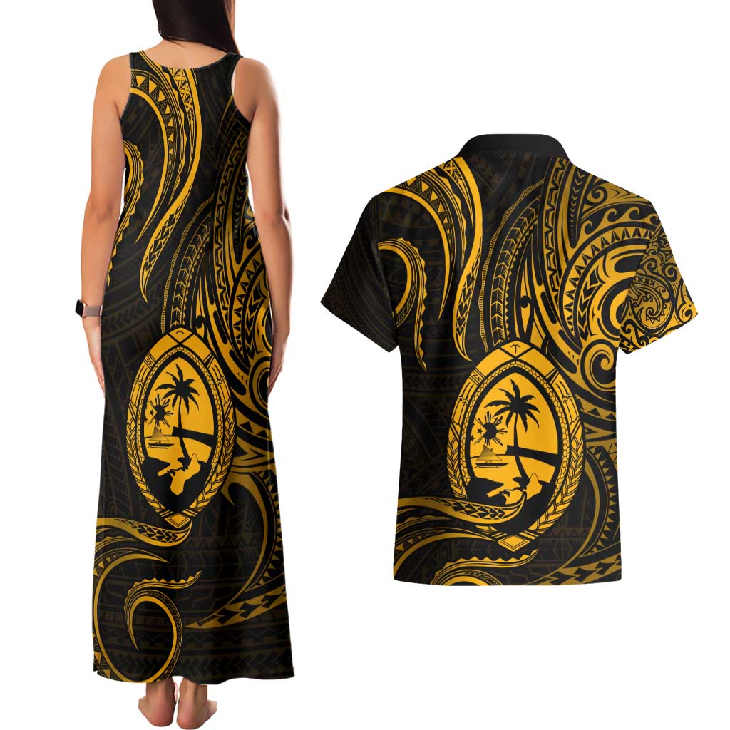 Polynesian Guam Coat of Arms Couples Matching Tank Maxi Dress and Hawaiian Shirt Polynesian Tribal Tattoo Gold Version LT9 - Polynesian Pride