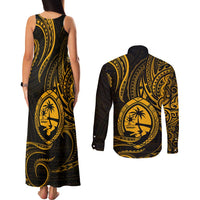 Polynesian Guam Coat of Arms Couples Matching Tank Maxi Dress and Long Sleeve Button Shirt Polynesian Tribal Tattoo Gold Version LT9 - Polynesian Pride