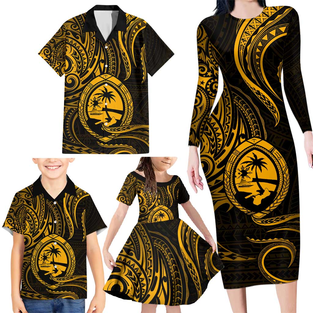 Polynesian Guam Coat of Arms Family Matching Long Sleeve Bodycon Dress and Hawaiian Shirt Polynesian Tribal Tattoo Gold Version LT9 - Polynesian Pride