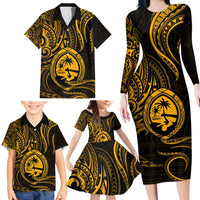 Polynesian Guam Coat of Arms Family Matching Long Sleeve Bodycon Dress and Hawaiian Shirt Polynesian Tribal Tattoo Gold Version LT9 - Polynesian Pride
