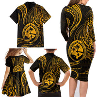 Polynesian Guam Coat of Arms Family Matching Long Sleeve Bodycon Dress and Hawaiian Shirt Polynesian Tribal Tattoo Gold Version LT9 - Polynesian Pride