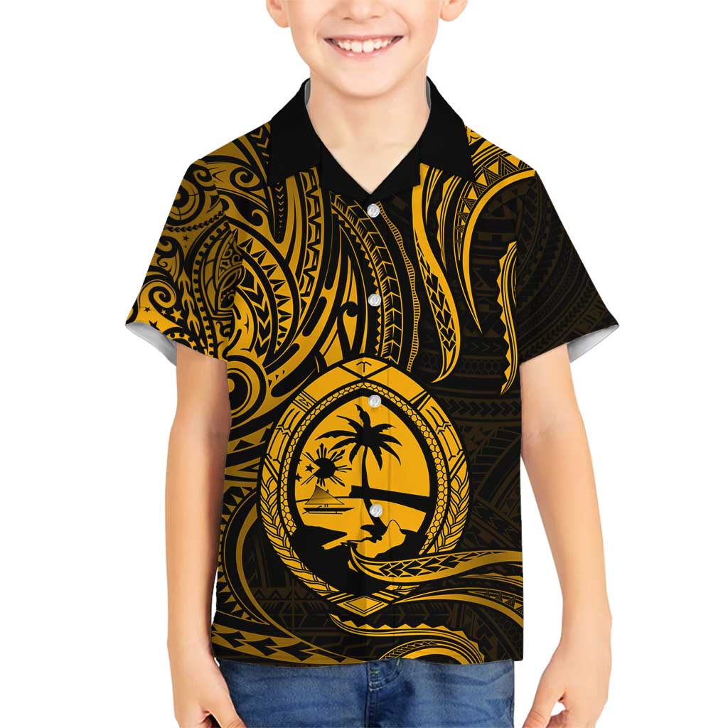 Polynesian Guam Coat of Arms Family Matching Long Sleeve Bodycon Dress and Hawaiian Shirt Polynesian Tribal Tattoo Gold Version LT9 Son's Shirt Gold - Polynesian Pride