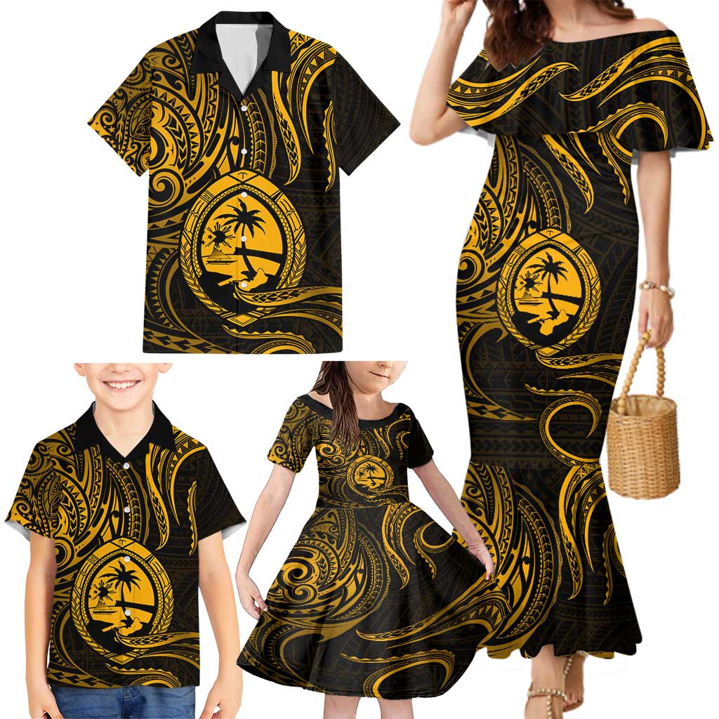 Polynesian Guam Coat of Arms Family Matching Mermaid Dress and Hawaiian Shirt Polynesian Tribal Tattoo Gold Version LT9 - Polynesian Pride