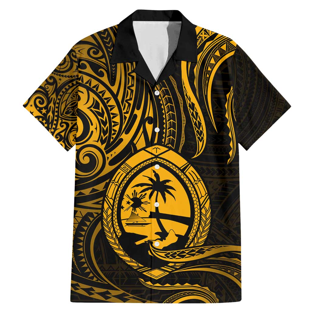 Polynesian Guam Coat of Arms Family Matching Mermaid Dress and Hawaiian Shirt Polynesian Tribal Tattoo Gold Version LT9 Dad's Shirt - Short Sleeve Gold - Polynesian Pride