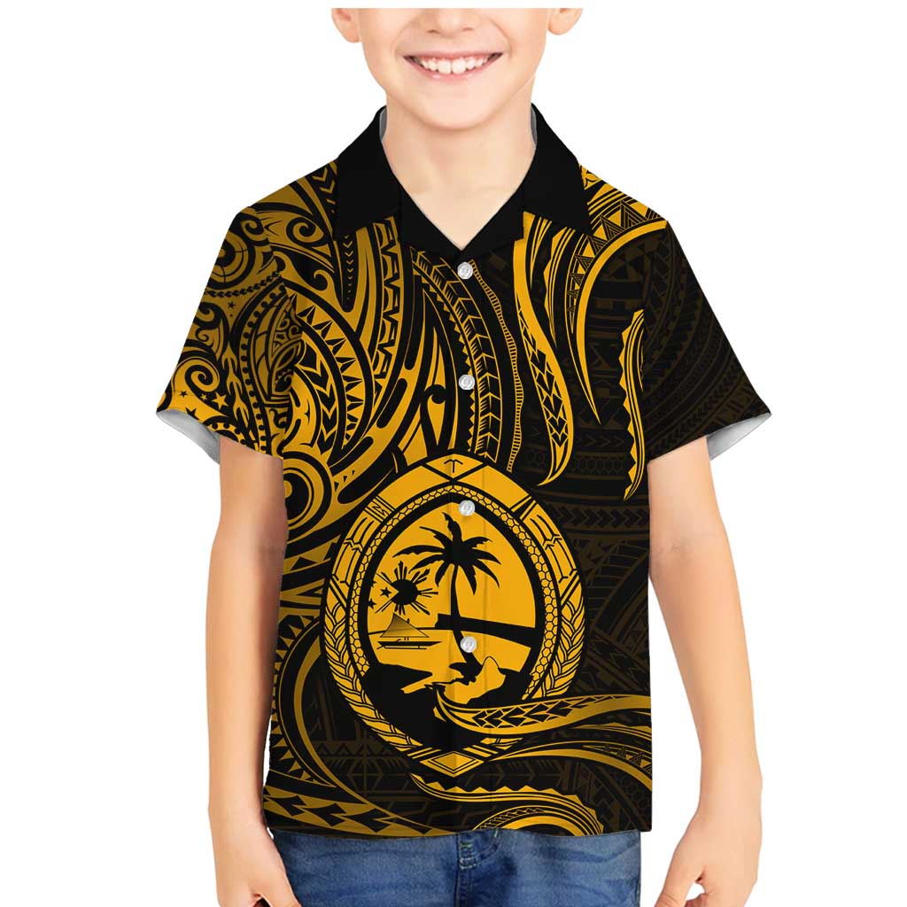 Polynesian Guam Coat of Arms Family Matching Mermaid Dress and Hawaiian Shirt Polynesian Tribal Tattoo Gold Version LT9 Son's Shirt Gold - Polynesian Pride