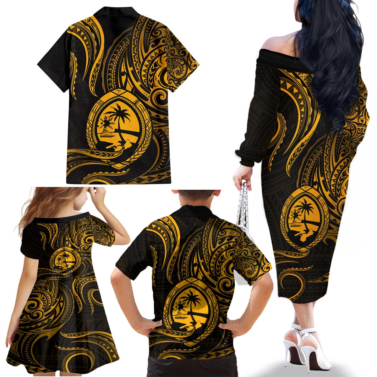 Polynesian Guam Coat of Arms Family Matching Off The Shoulder Long Sleeve Dress and Hawaiian Shirt Polynesian Tribal Tattoo Gold Version LT9 - Polynesian Pride