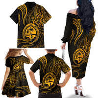 Polynesian Guam Coat of Arms Family Matching Off The Shoulder Long Sleeve Dress and Hawaiian Shirt Polynesian Tribal Tattoo Gold Version LT9 - Polynesian Pride