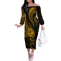 Polynesian Guam Coat of Arms Family Matching Off The Shoulder Long Sleeve Dress and Hawaiian Shirt Polynesian Tribal Tattoo Gold Version LT9 Mom's Dress Gold - Polynesian Pride
