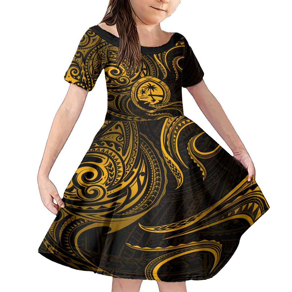 Polynesian Guam Coat of Arms Family Matching Off Shoulder Maxi Dress and Hawaiian Shirt Polynesian Tribal Tattoo Gold Version LT9 Daughter's Dress Gold - Polynesian Pride