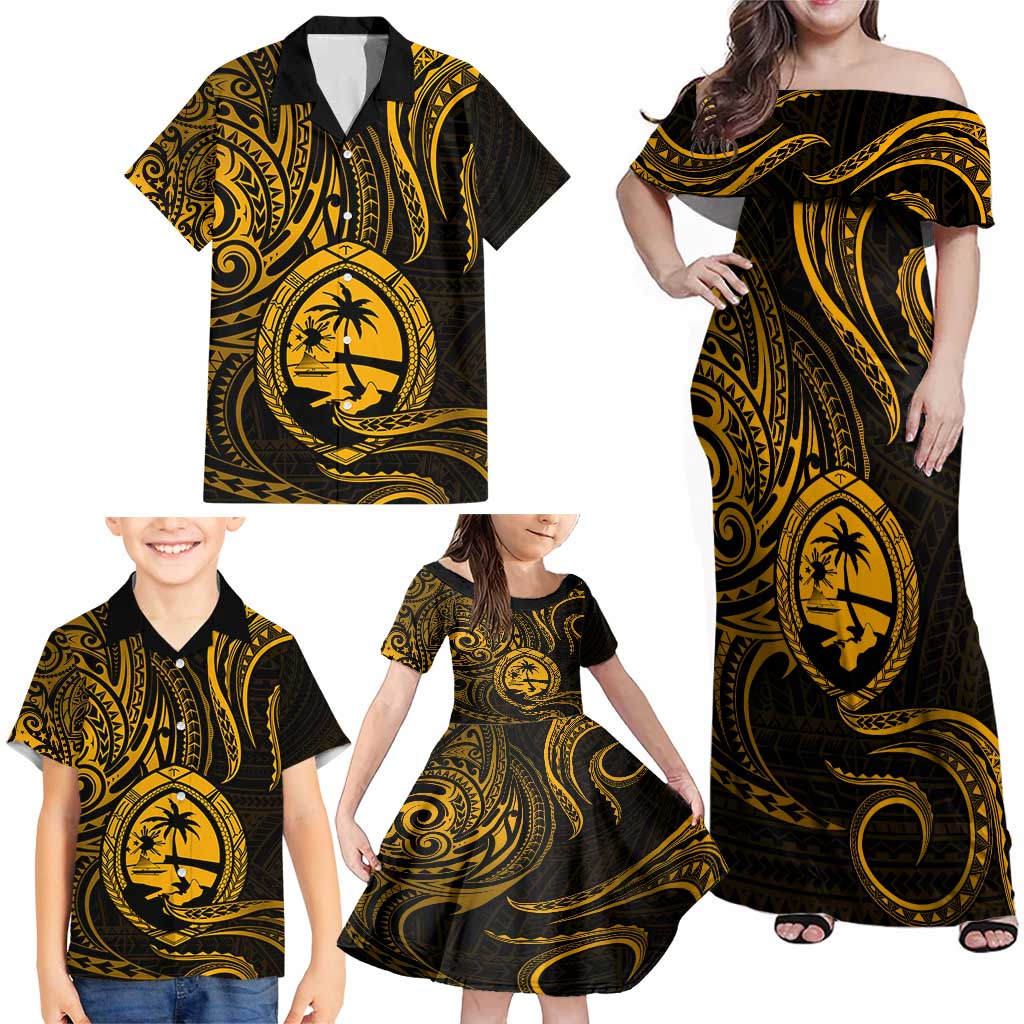 Polynesian Guam Coat of Arms Family Matching Off Shoulder Maxi Dress and Hawaiian Shirt Polynesian Tribal Tattoo Gold Version LT9 - Polynesian Pride
