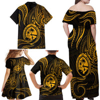 Polynesian Guam Coat of Arms Family Matching Off Shoulder Maxi Dress and Hawaiian Shirt Polynesian Tribal Tattoo Gold Version LT9 - Polynesian Pride