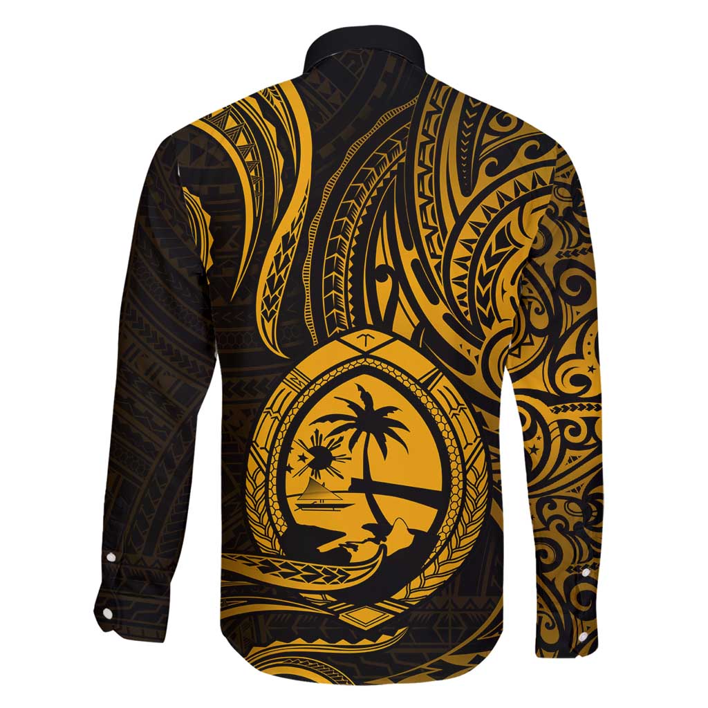 Polynesian Guam Coat of Arms Family Matching Off Shoulder Maxi Dress and Hawaiian Shirt Polynesian Tribal Tattoo Gold Version LT9 - Polynesian Pride