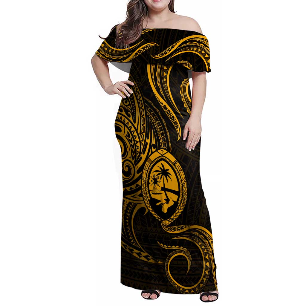 Polynesian Guam Coat of Arms Family Matching Off Shoulder Maxi Dress and Hawaiian Shirt Polynesian Tribal Tattoo Gold Version LT9 Mom's Dress Gold - Polynesian Pride