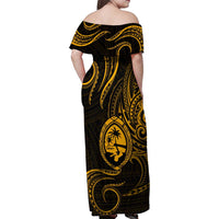 Polynesian Guam Coat of Arms Family Matching Off Shoulder Maxi Dress and Hawaiian Shirt Polynesian Tribal Tattoo Gold Version LT9 - Polynesian Pride