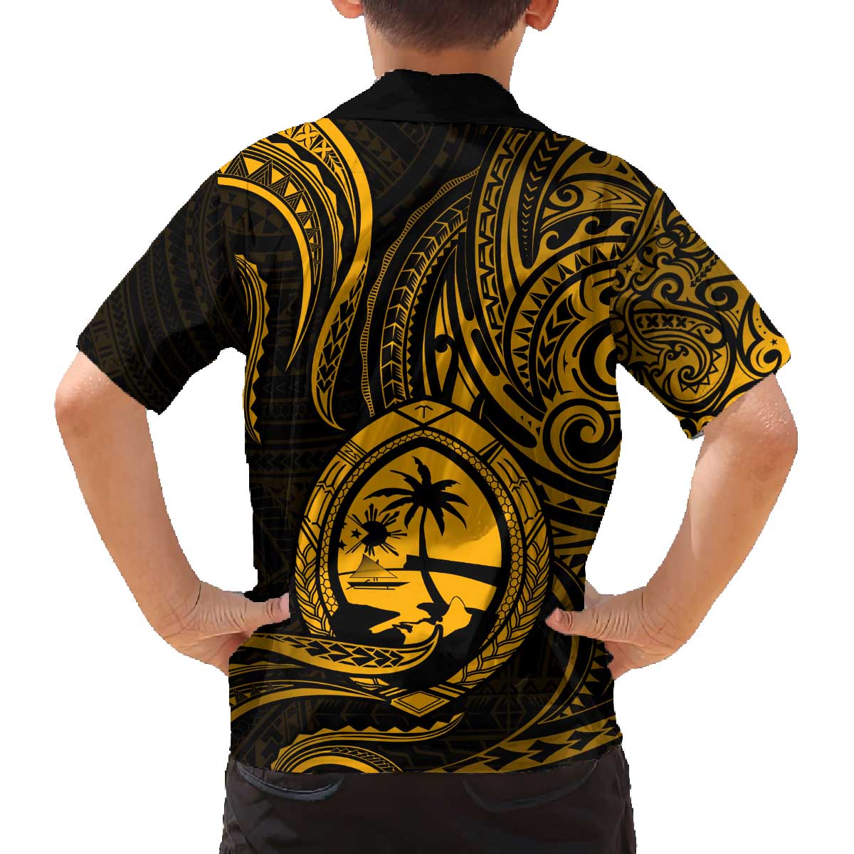 Polynesian Guam Coat of Arms Family Matching Off Shoulder Short Dress and Hawaiian Shirt Polynesian Tribal Tattoo Gold Version LT9 - Polynesian Pride