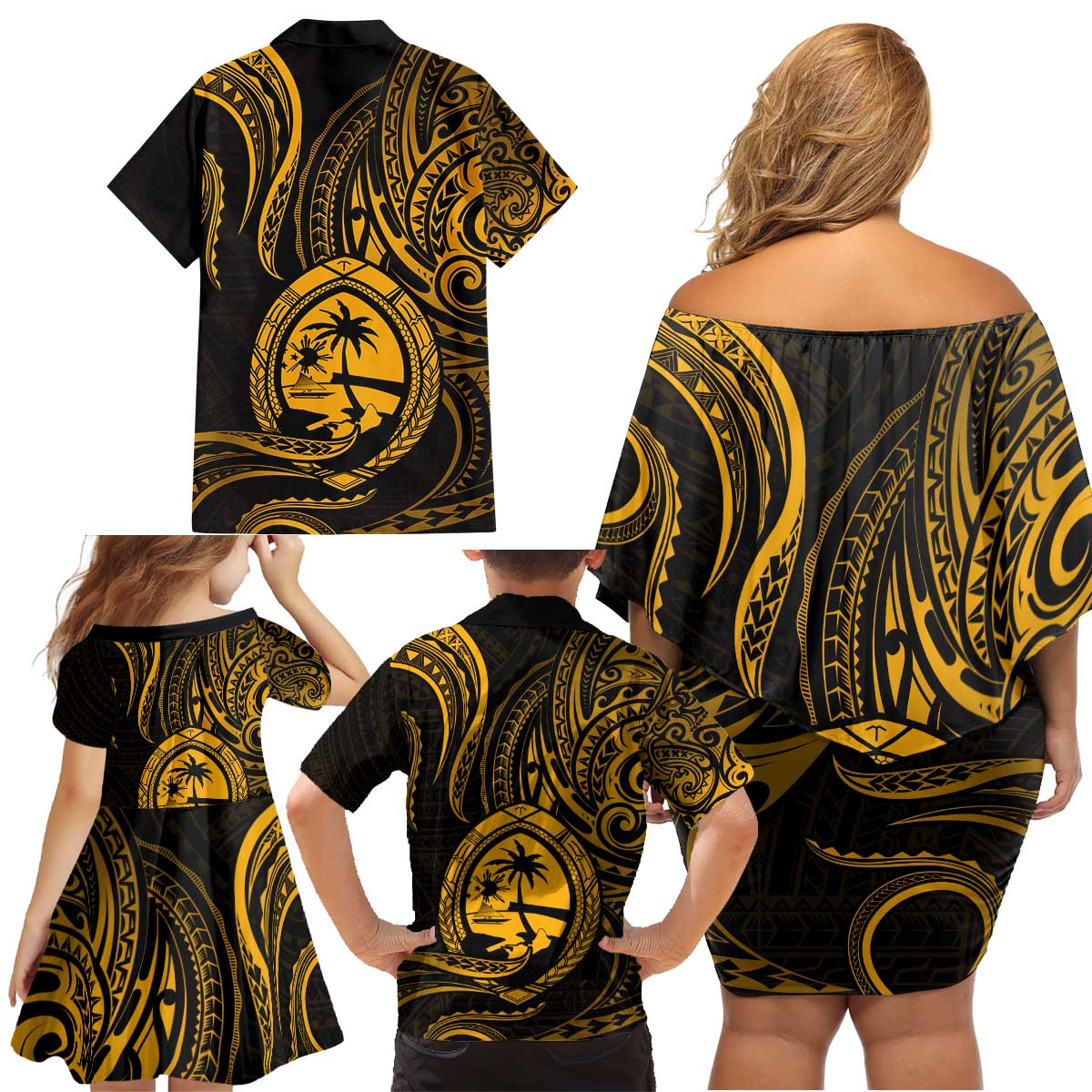 Polynesian Guam Coat of Arms Family Matching Off Shoulder Short Dress and Hawaiian Shirt Polynesian Tribal Tattoo Gold Version LT9 - Polynesian Pride