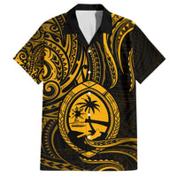 Polynesian Guam Coat of Arms Family Matching Off Shoulder Short Dress and Hawaiian Shirt Polynesian Tribal Tattoo Gold Version LT9 Dad's Shirt - Short Sleeve Gold - Polynesian Pride