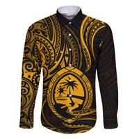 Polynesian Guam Coat of Arms Family Matching Off Shoulder Short Dress and Hawaiian Shirt Polynesian Tribal Tattoo Gold Version LT9 Dad's Shirt - Long Sleeve Gold - Polynesian Pride