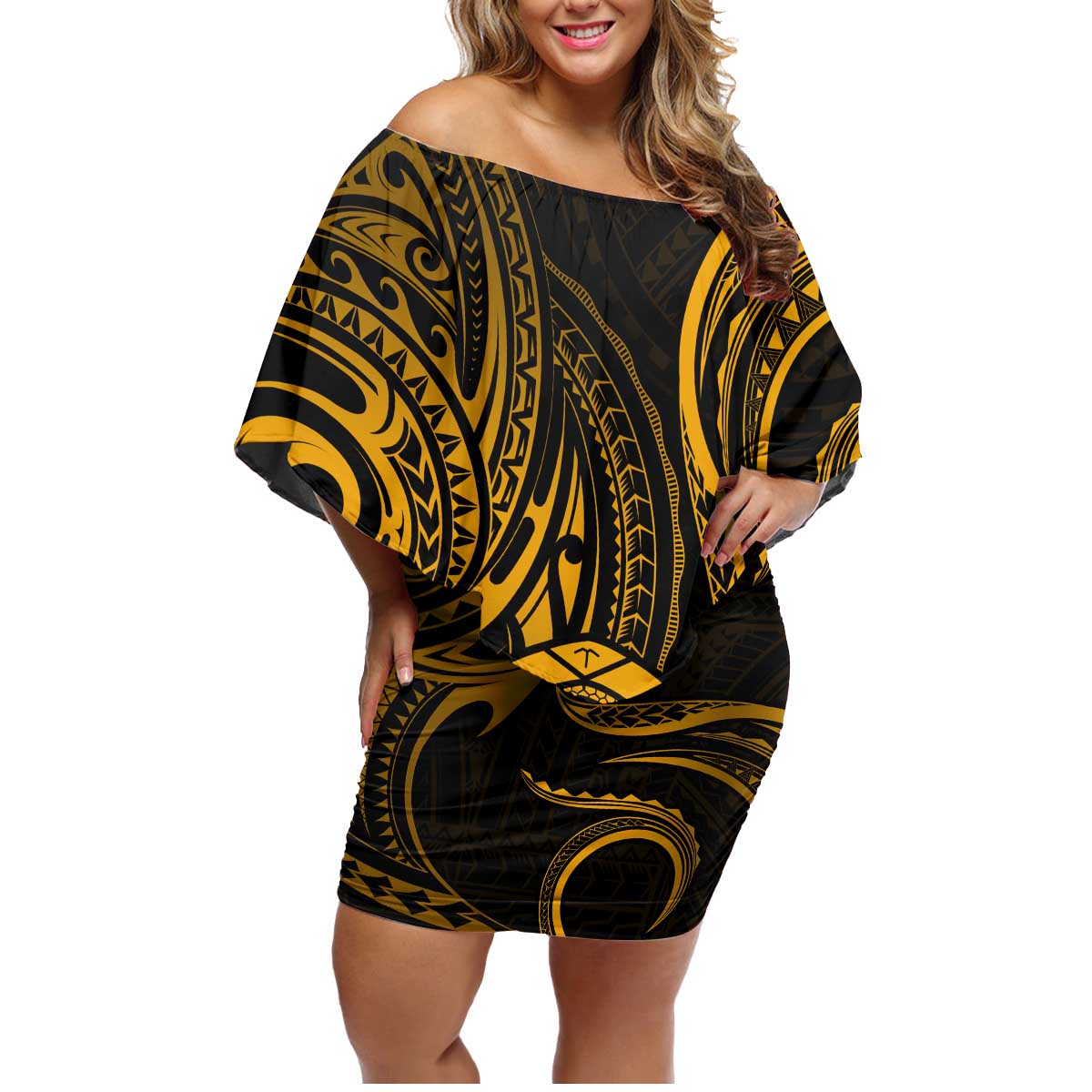 Polynesian Guam Coat of Arms Family Matching Off Shoulder Short Dress and Hawaiian Shirt Polynesian Tribal Tattoo Gold Version LT9 Mom's Dress Gold - Polynesian Pride