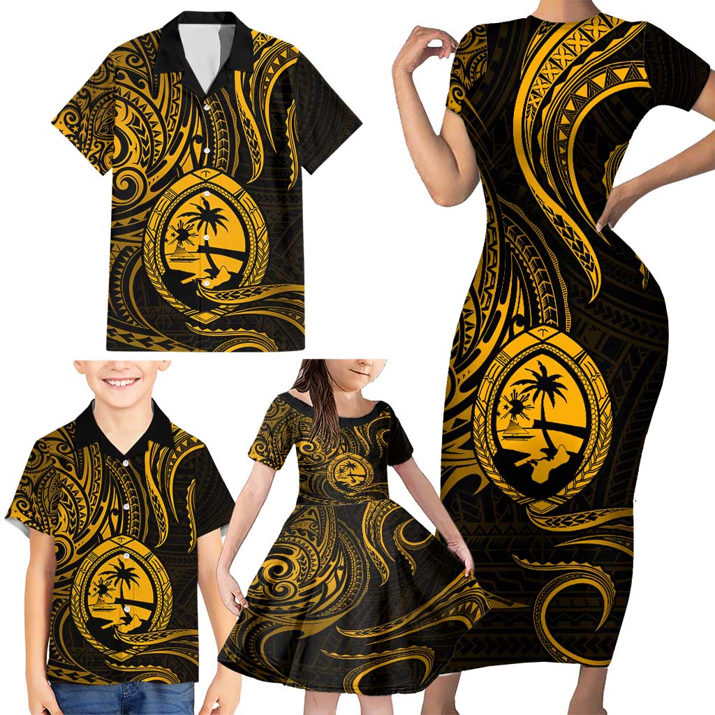 Polynesian Guam Coat of Arms Family Matching Short Sleeve Bodycon Dress and Hawaiian Shirt Polynesian Tribal Tattoo Gold Version LT9 - Polynesian Pride