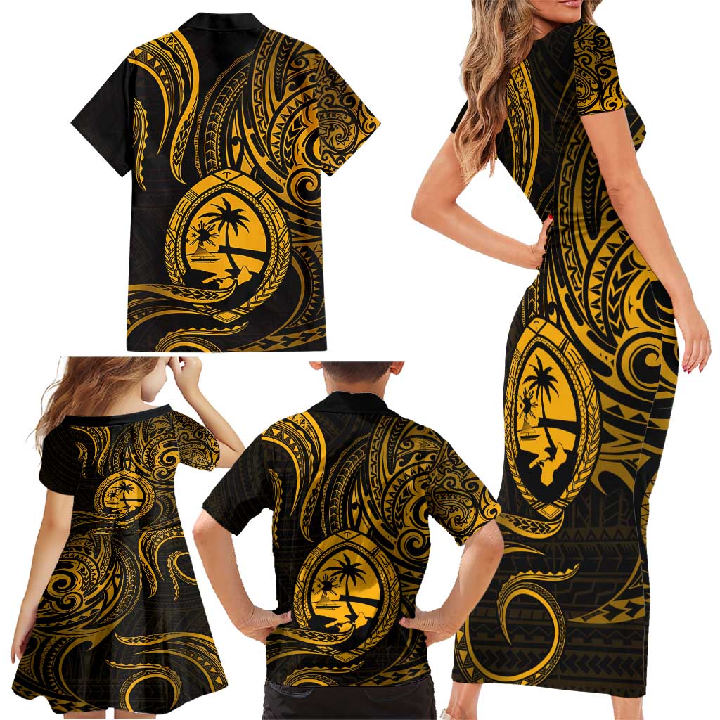 Polynesian Guam Coat of Arms Family Matching Short Sleeve Bodycon Dress and Hawaiian Shirt Polynesian Tribal Tattoo Gold Version LT9 - Polynesian Pride